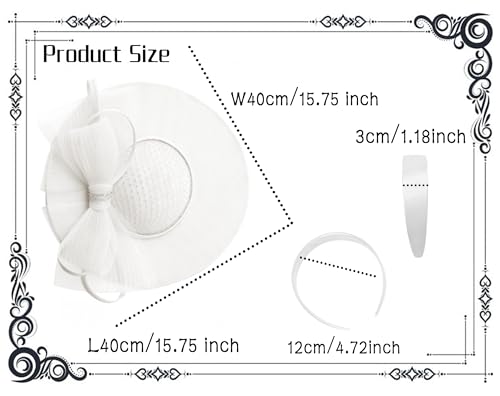 dressfan Wide Brim Fascinator Hats for Women,20s Linen Rhinestones Bow Big Hat for Derby Church Wedding Tea Party - color: White