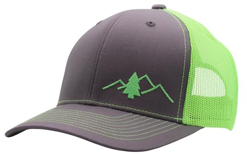 LINDO Trucker Hat [ Great Outdoors Design ] for Men and Women: Mid Profile Cap with Breathable Mesh Back and Adjustable Snap - color: Graphite/Neon