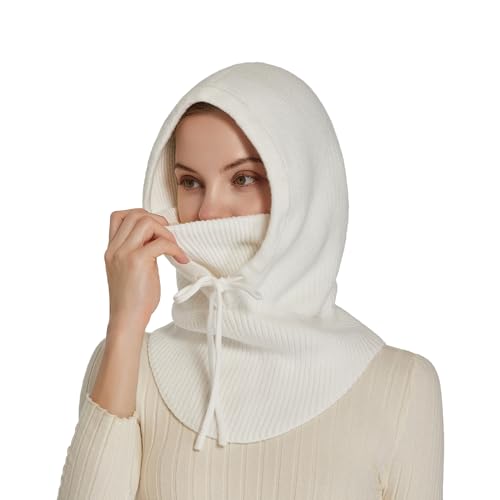 Knit Balaclava for Women Winter Hats Ski Mask Face Cover Neck Warmer - color: White