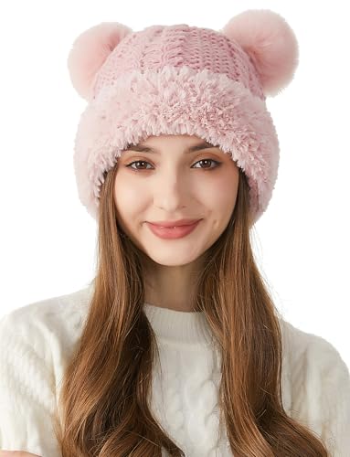 FEOYA Womens Knit Winter Beanie Hat with Faux Fur Pompom Fuzzy Cute Knit Fleece Lined Skull Cap - color: Pink