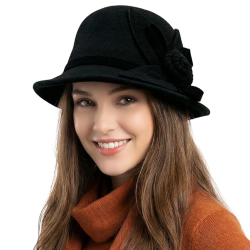 Woolen Cloche Hat for Women, Flower Winter Warm Bucket Cap - color: Black