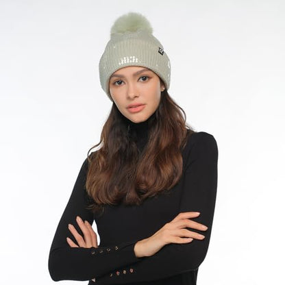 C.C Sequin Pom Beanie for Women - Acrylic Stretchable Soft Warm Knit Winter Skully Hat with Yarn Pom - color: Clear Sequin-dusty Mint