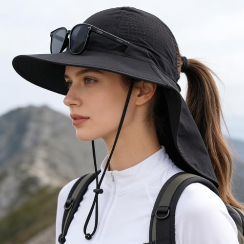 Sun Hats for Men Women with Neck Flap UPF 50+ UV Protection Wide Brim Bucket Hat Safari Hiking Fishing Hats - color: Black