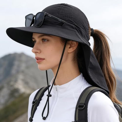 Sun Hats for Men Women with Neck Flap UPF 50+ UV Protection Wide Brim Bucket Hat Safari Hiking Fishing Hats - color: Black