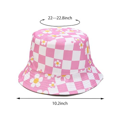 Bucket Hat for Women Men, Cotton Reversible Double Side Wear Sun Hats Beach Fisherman Hat - color: Small Checkered Flowers Pink