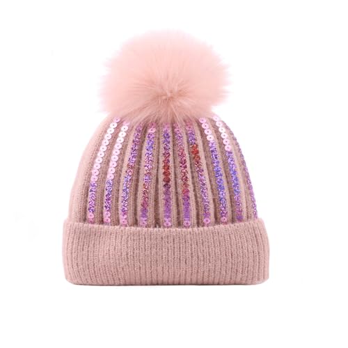 Women Girls Winter Sequin Beanie Hat with Faux Fur Pom Pom Knit Skull Cap - color: Glitter-pink