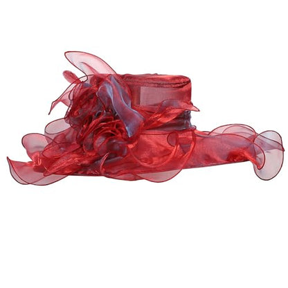Women Oganza Sun Hat Church Wide Brim Wedding Formal Fascinator Hat - color: Wine Red