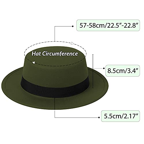 Classic Fedora Hat Flat Top Hat Felt Pork Pie Hat Wide Brim Church Derby Cap for Women and Men - color: Army Green