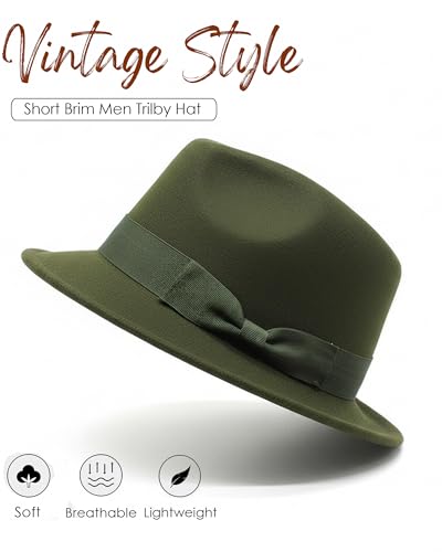 Fedora Hats for Men Women 1920s Short Brim Felt Trilby Hat - color: Olive Green