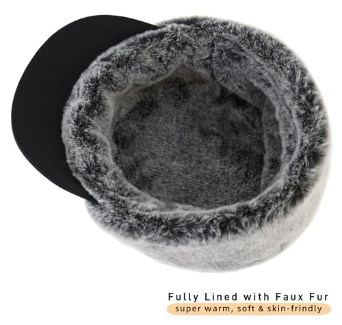 Connectyle Men's Winter Hat with Visor Warm Earflaps Hat Fully Lined Faux Fur Baseball Cap Trapper Hunting Hats - color: Black