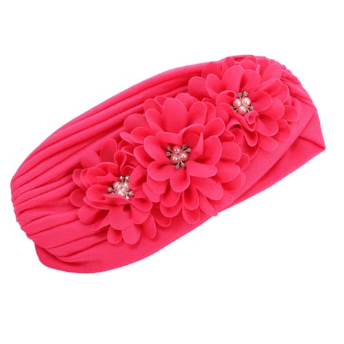 Flower Pre-Tied Turban Beanie, Soft Chemo Cap for Women Cancer Hair Loss - color: Rose Red