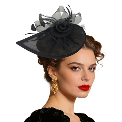 Women Vintage Fascinator Hat Flower Feather Mesh Headband Clip Pillbox Headwear for Wedding Tea Party - color: 02 Black