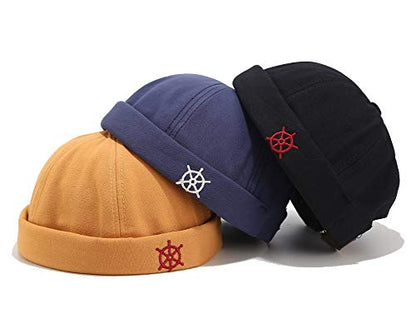 Rudder Embroidery Pattern Sailor Cap Rolled Cuff Retro Brimless Hat - color: B-beige