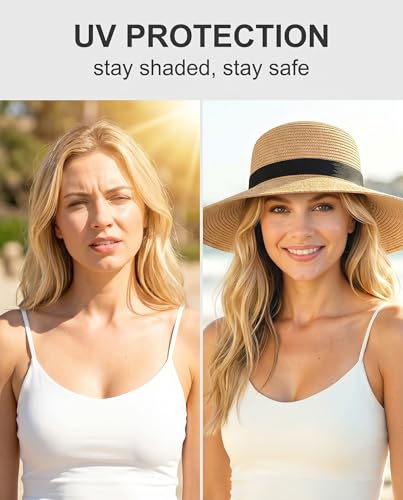 Straw Sun Hat with 2026 Foldable Summer Beach Straw Hat,Packable Wide Brim for Women UV Protection for Travel (Khaki)