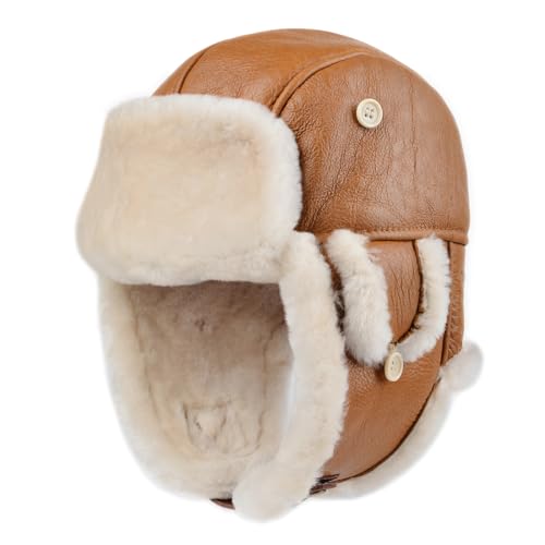 Harssidanzar Aviator Hat for Men Women Genuine Sheepskin Shearling Leather Winter Warm Trapper Hat CU603US - color: Cognac, size: Small