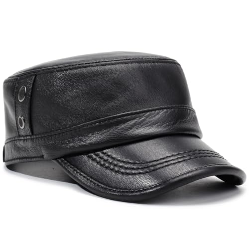 Men's Genuine Leather Cadet Army Caps Military Style Hat Flat Top Cap - color: Black