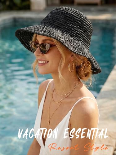 Straw Beach Hats for Women Summer Wide Brim Floppy Packable Foldable Bucket Sun Hat Travel Vacation UV Protection - color: Black