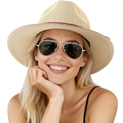 DRESHOW Women Straw Panama Hat Travel Fedora Beach Sun Hat Summer Wide Brim Straw Roll up Hat UPF 50+ - color: Straw Hat With Braided Band: Beige