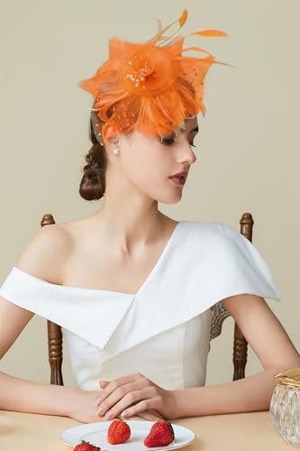 BABEYOND Fascinators Hats for Women Tea Party Flower Tulle Bead Derby Hat - color: Orange