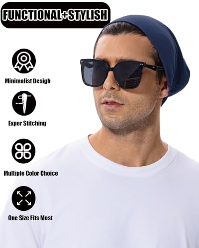 100% T-Shirt Cotton Slouchy Beanie Women Men,Lightweight Chemo Hat - color: Navy Blue(2-layer)