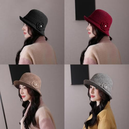 Crochet Bucket Hat for Women, Winter Flower Knitted Cap - color: Black