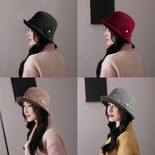 Crochet Bucket Hat for Women, Winter Flower Knitted Cap - color: Beige