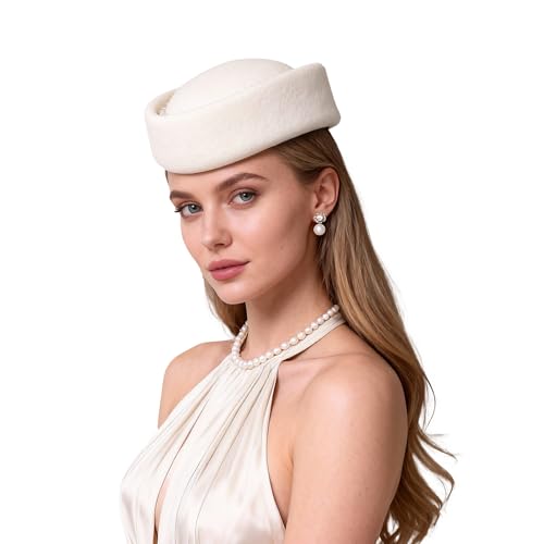 Vintage Wool Felt Pill Box Hat for Women, 1960s Style Formal Fascinator Church Wedding Cocktail Derby Hat - color: White With Pearl