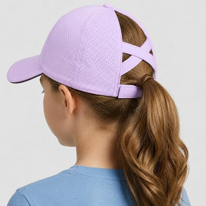 Girls Criss Cross Ponytail Hat Mesh Baseball Cap Kids Quick Dry Ponycap Hats Outdoor Summer Sports Hat Age 7-12 - color: Purple