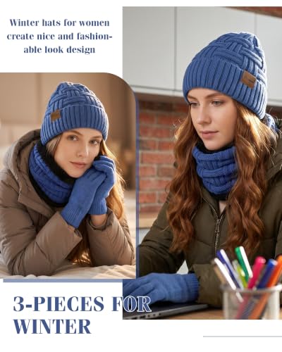Loritta 3-Pieces Winter Hats for Women Warm Scarf Touchscreen Gloves - color: Blue