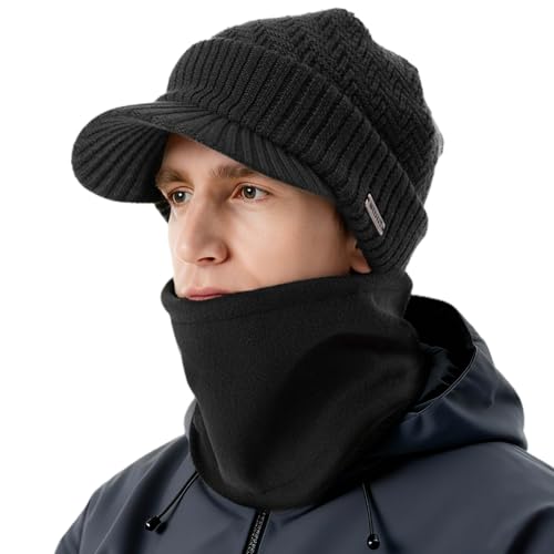 TOP-EX PolarWool™ Fleece Lined Oversized XL XXL Winter 2 Piece Knitted Hat & Scarf Set Visor Beanie Ear Flap Cold Weather - color: Te69311_black, size: Large-X-Large