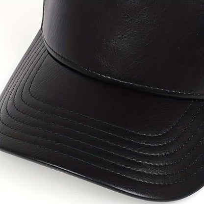 Leather Baseball Cap, Adjustable PU Leather Outdoor Sport Caps for Men Women - color: Black