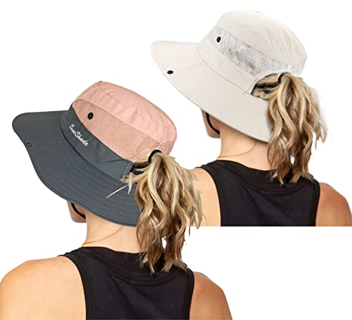 Women's Outdoor-UV-Protection-Foldable-Sun-Hats-Wide-Brim Hat Ponytail-Hole - color: Pink+beige