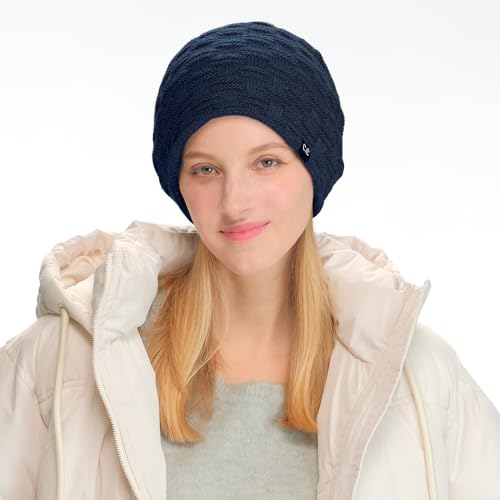 C.C Fuzzy Lined Beanie, Thick Soft Knit Winter Hat, Warm Cozy Skull Cap for Women & Men - color: Navy Blue