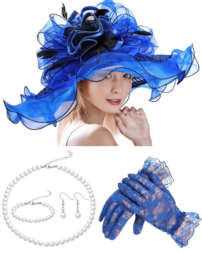 Derby Hat for Women 2026 Wide Brim Organza Sun Church Hat Set Feather Floral Fascinator for Tea Party Wedding Derby - color: Blue