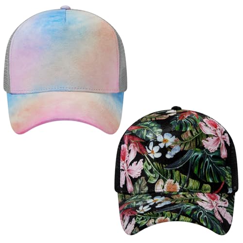 Suede Curved Brim Trucker Cap Adjustable Snapback Hat Mesh Back Breathable for Men Women 2 Pack SH03 - color: Pack of 2, Black/Tropical Flower Camo & Rosy Clouds