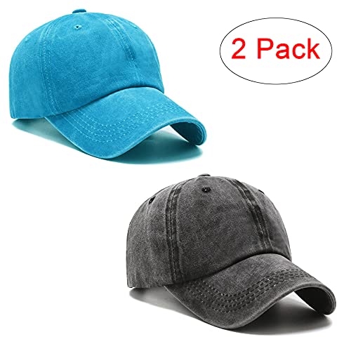 PFFY 2 Packs Vintage Washed Distressed Baseball Cap Dad Hat for Men Women - color: Black+turquoise