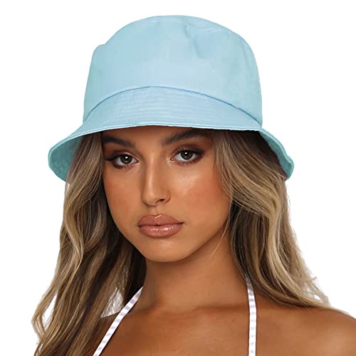 Bucket Hat for Women Men, Reversible Cotton Summer Sun Beach Cap Solid Color Style - color: A-sky Blue