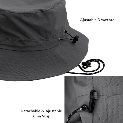 woogwin Waterproof Bucket Rain Hat with Chin Strap Quick Dry Packable Boonie Sun Hat Safari Hat UV Protection - color: Darkgrey
