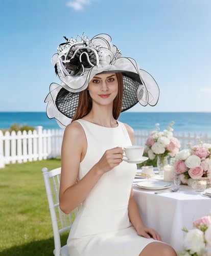 Z&X Women Organza Church Derby Hat Wide Brim Sun Hats for Wedding Tea Party Fascinator Hat, Dual-use - color: 2001- Black and White