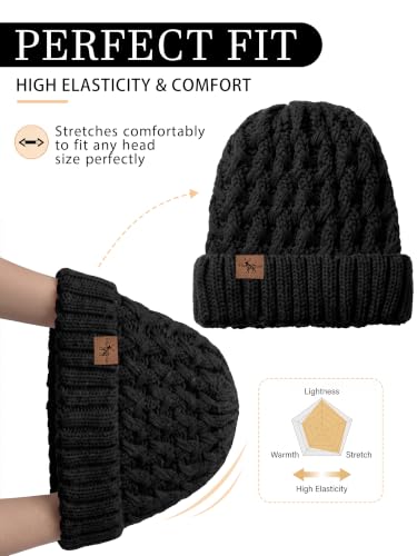 Winter Hats for Women Cable Knit Chunky Skull Cap Fleece Lined Thick Fold Cuff Beanie hat - color: Black, style: Pineapple