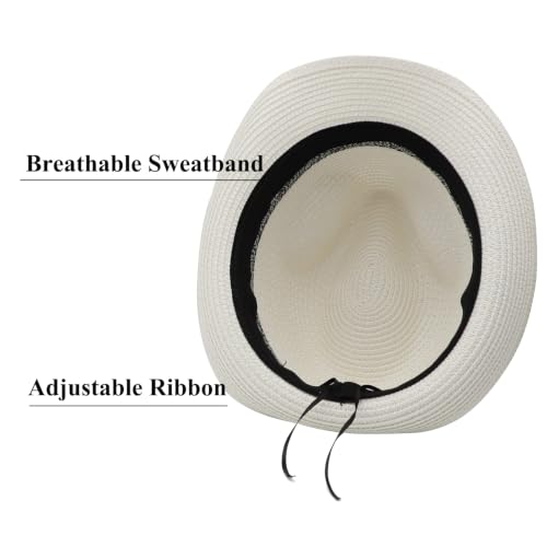 Straw Fedora Hat Panama Hats Mens Beach Hat Derby Hat Packable Trilby - color: White-blue, size: Medium