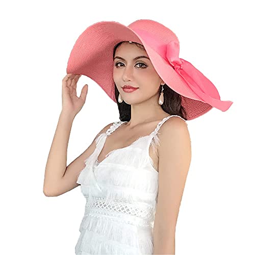 FSIGOM Women's Folable Floppy Hat,Wide Brim Sun Protection Straw Hat, Summer UV Protection Beach Cap - color: C1-f-pink, size: Large