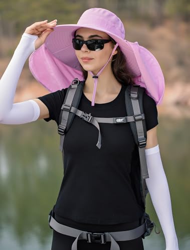 HUAMULAN Women Men Wide Brim Sun Hat Hiking Fishing Hats with Neck Flap - color: Lavender Pink ‌with Mesh Panel