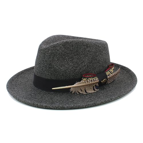 PURFUN Vintage Feather Felt Fedora Hat for Men Women Classic Short Brim Jazz Dance Party Wedding Trilby Bowler Panama Hat - color: Bow&feather/Deep Grey