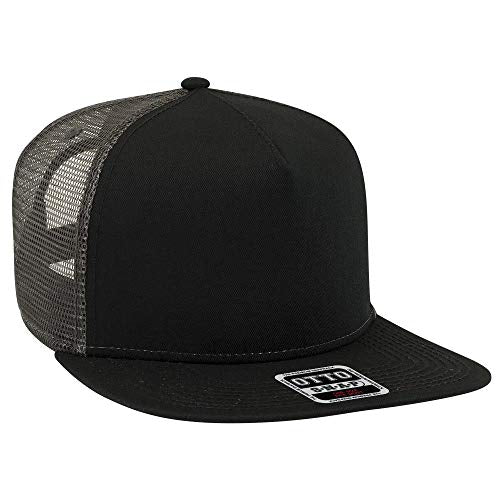 OTTO Square Flat Visor SNAP 5 Panel Mesh Back Trucker Snapback Hat - color: Blk/Blk/Ch.gry