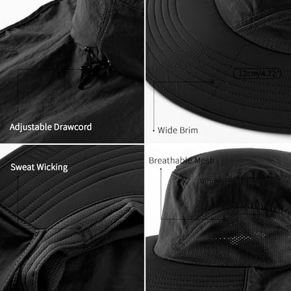 Home Prefer Outdoor UPF50+ Sun Hat Wide Brim Mesh Fishing Hat with Neck Flap - color: Black