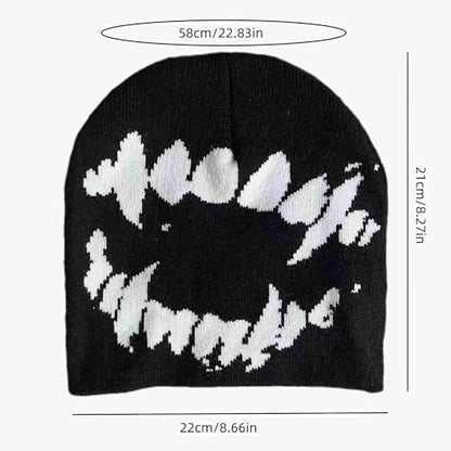 Black Graphic Beanie for Men Women, Streetwear y2k Knitted Hat, Slouchy Goth Skull Cap (2 pcs)
