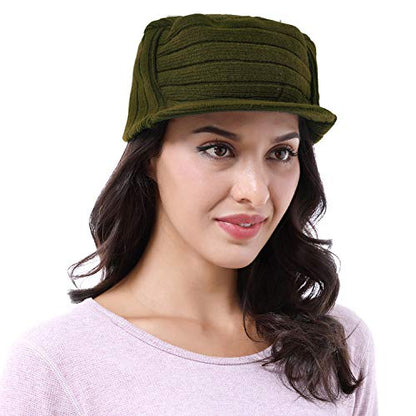 Solaris Army Style Flat Top Knit Cap Beanie WinterHat with Visor, for Women & Men - color: Olive