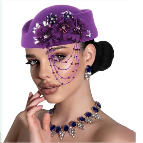 ORIDOOR Women's American and British Felt hat Church Derby Wedding Tea Party Crystal Flower Decoration Beret hat - color: 03-purple