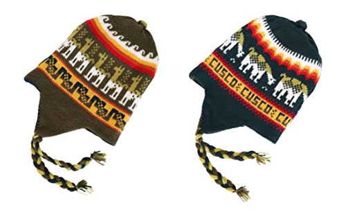 Alpaca Wool Blend Winter Hat Chullo Inca Peruvian Design Reversible with Earflaps. Beanie Medium Size. Unisex - color: Green Uniform/Green Pine